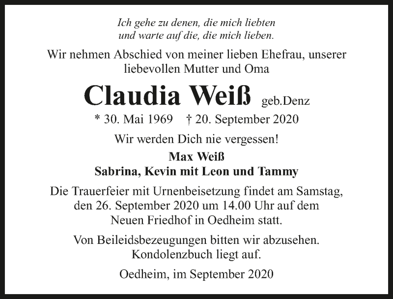  Traueranzeige für Claudia Weiß vom 23.09.2020 aus GESAMT