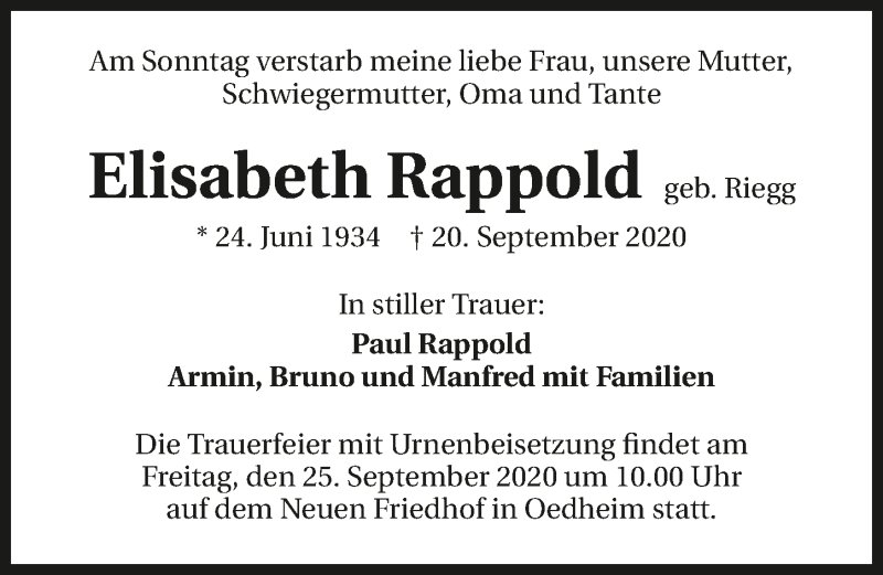  Traueranzeige für Elisabeth Rappold vom 22.09.2020 aus GESAMT
