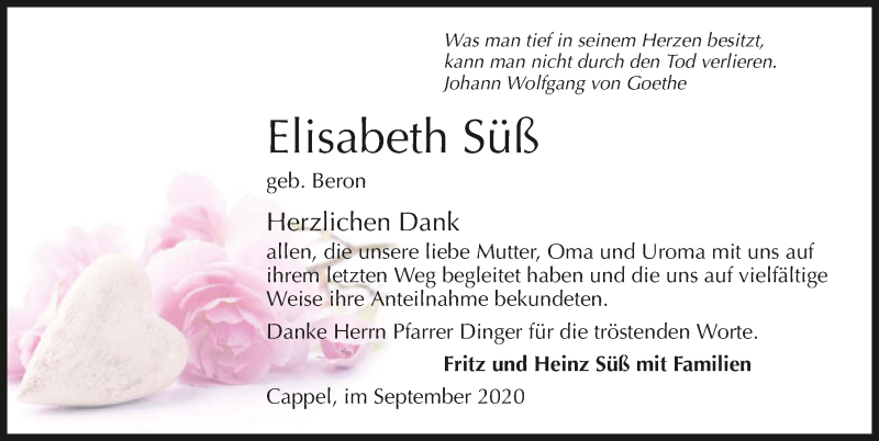  Traueranzeige für Elisabeth Süß vom 05.09.2020 aus GESAMT