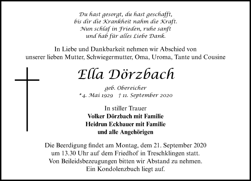  Traueranzeige für Ella Dörzbach vom 17.09.2020 aus GESAMT