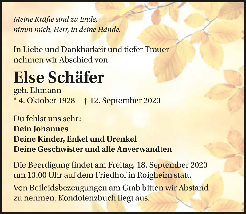  Traueranzeige für Else Schäfer vom 17.09.2020 aus GESAMT