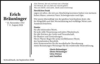 Traueranzeige von Erich Bräuninger von GESAMT