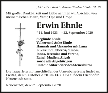 Traueranzeige von Erwin Ehnle von GESAMT