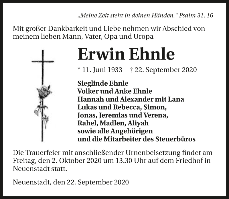  Traueranzeige für Erwin Ehnle vom 30.09.2020 aus GESAMT