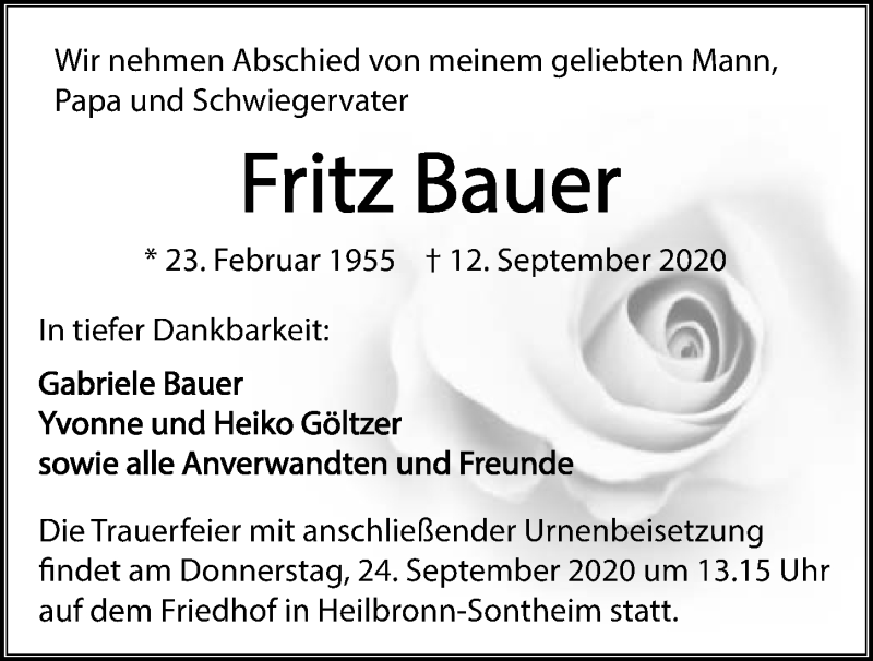  Traueranzeige für Fritz Bauer vom 19.09.2020 aus GESAMT
