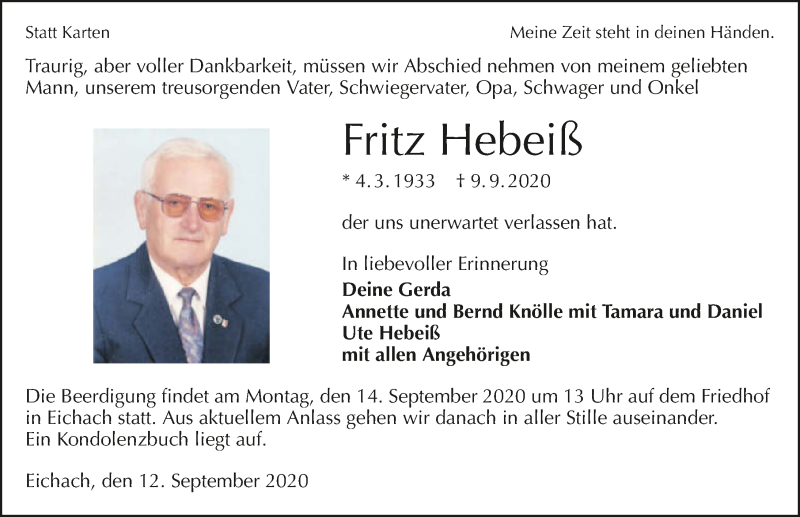  Traueranzeige für Fritz Hebeiß vom 12.09.2020 aus GESAMT