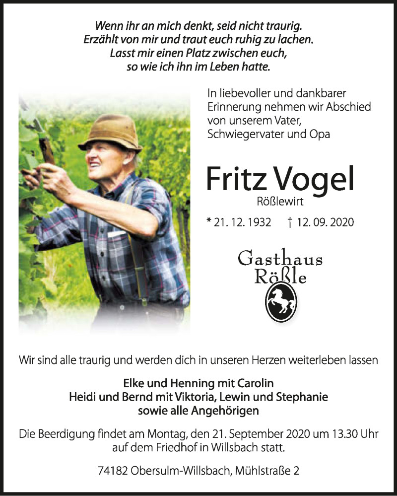  Traueranzeige für Fritz Vogel vom 16.09.2020 aus GESAMT