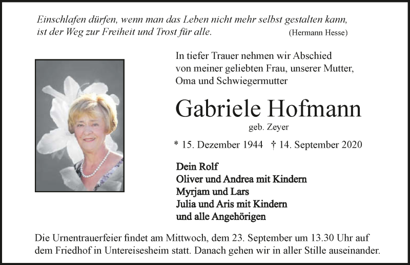  Traueranzeige für Gabriele Hofmann vom 19.09.2020 aus GESAMT