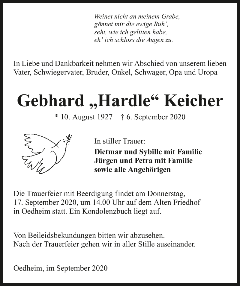  Traueranzeige für Gebhard Keicher vom 12.09.2020 aus GESAMT