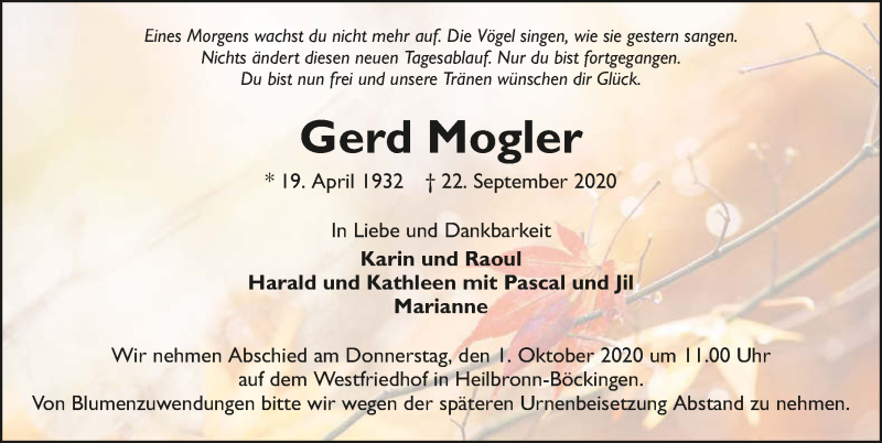  Traueranzeige für Gerd Mogler vom 26.09.2020 aus GESAMT