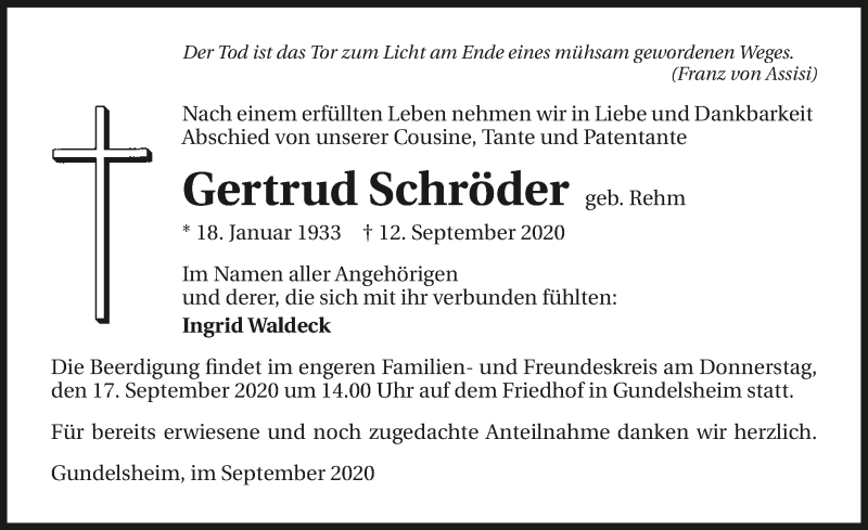  Traueranzeige für Gertrud Schröder vom 15.09.2020 aus GESAMT