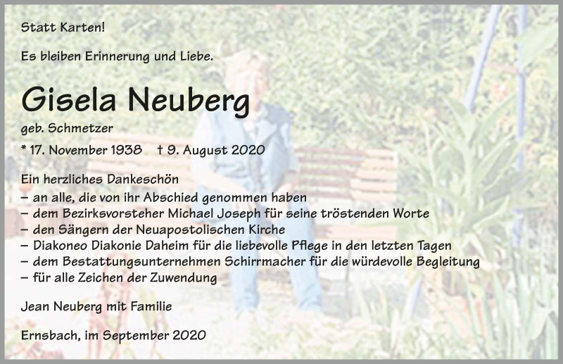  Traueranzeige für Gisela Neuberg vom 12.09.2020 aus GESAMT