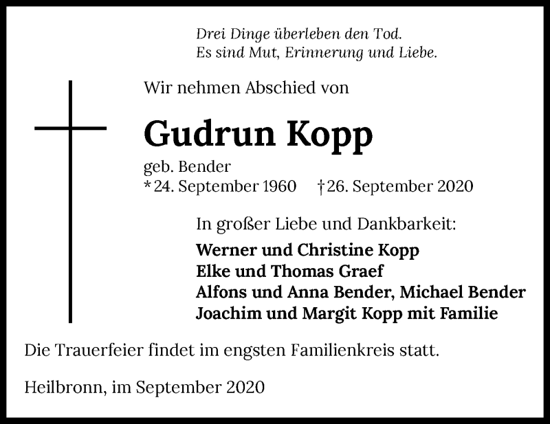  Traueranzeige für Gudrun Kopp vom 29.09.2020 aus GESAMT