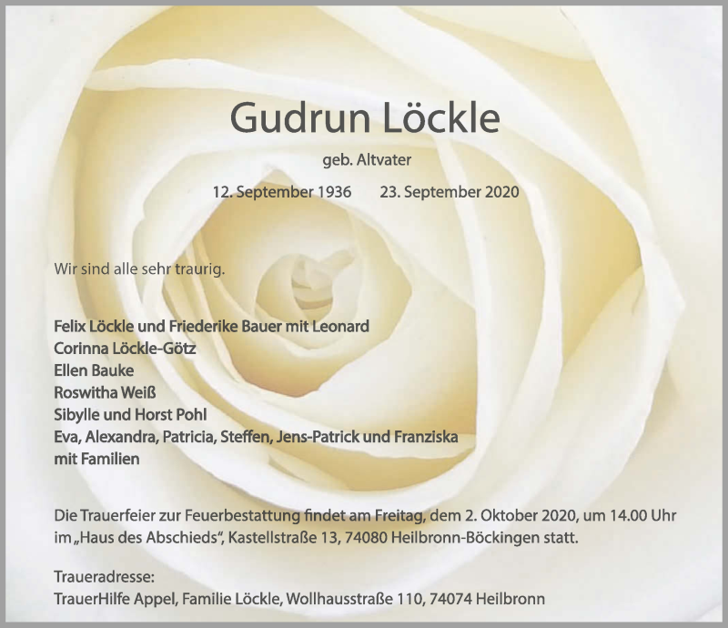  Traueranzeige für Gudrun Löckle vom 26.09.2020 aus GESAMT