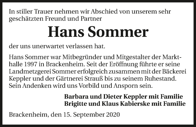  Traueranzeige für Hans Sommer vom 15.09.2020 aus GESAMT