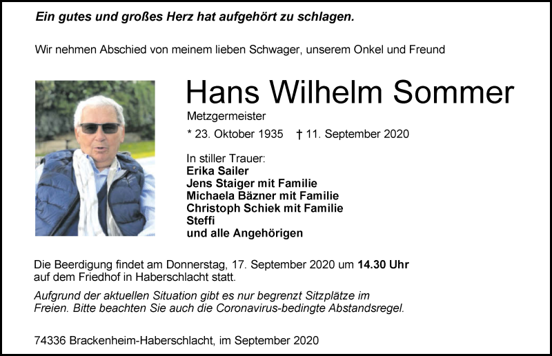  Traueranzeige für Hans Wilhelm Sommer vom 15.09.2020 aus GESAMT
