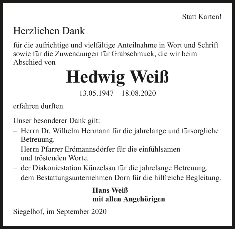  Traueranzeige für Hedwig Weiß vom 19.09.2020 aus GESAMT