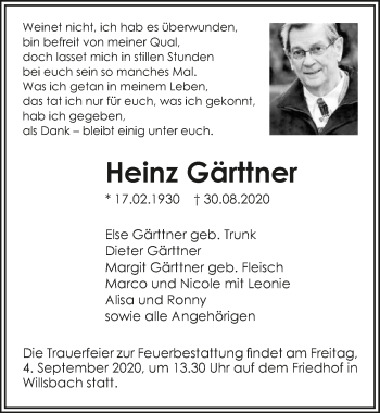 Traueranzeige von Heinz Gärttner von GESAMT