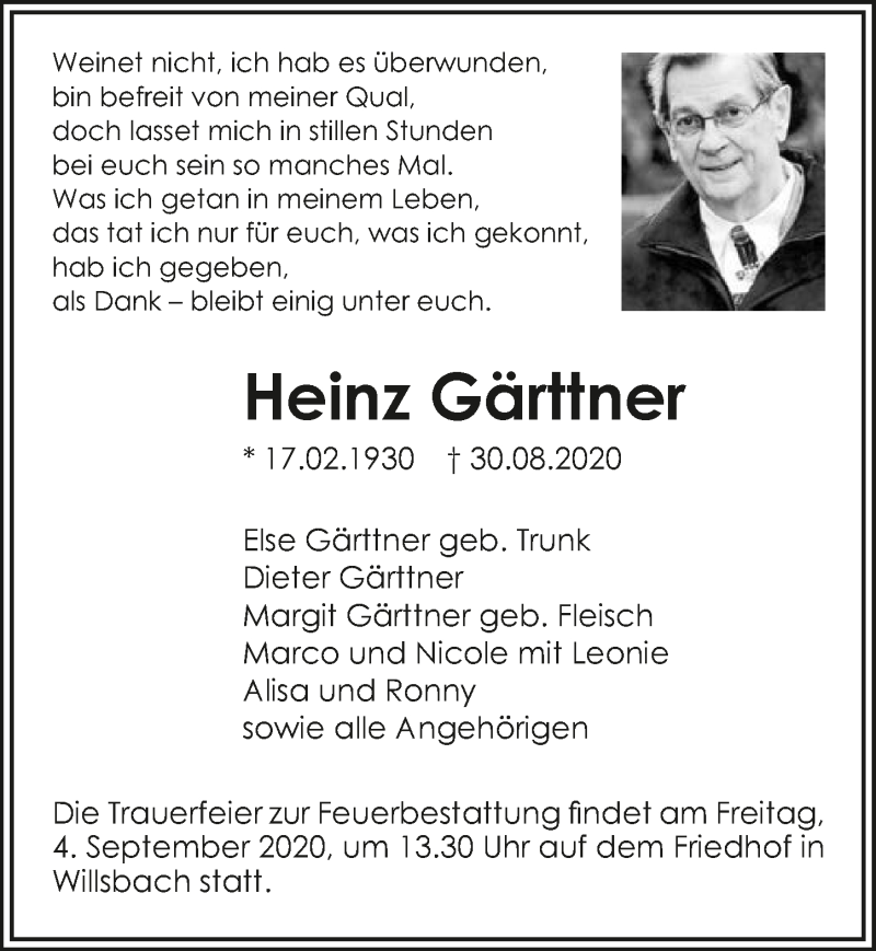  Traueranzeige für Heinz Gärttner vom 02.09.2020 aus GESAMT