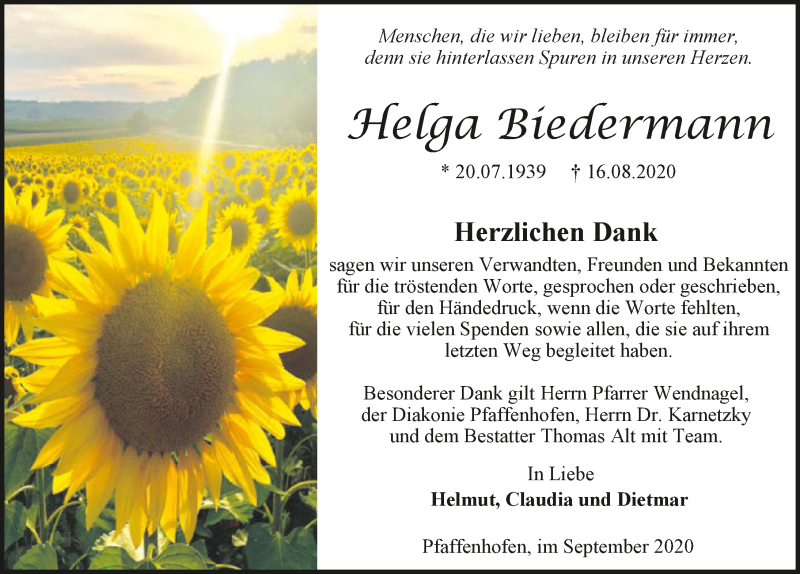  Traueranzeige für Helga Biedermann vom 04.09.2020 aus GESAMT