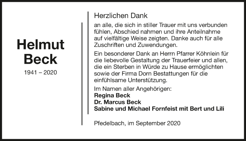  Traueranzeige für Helmut Beck vom 12.09.2020 aus GESAMT