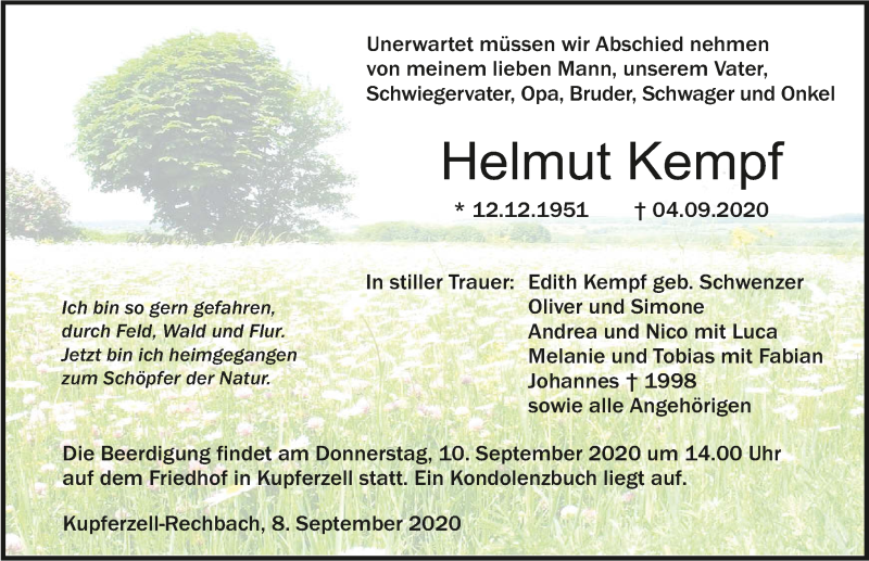  Traueranzeige für Helmut Kempf vom 08.09.2020 aus GESAMT