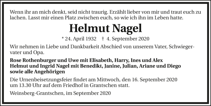  Traueranzeige für Helmut Nagel vom 12.09.2020 aus GESAMT