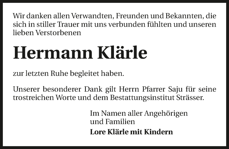  Traueranzeige für Hermann Klärle vom 12.09.2020 aus GESAMT
