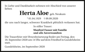 Traueranzeige von Herta Aloe von GESAMT
