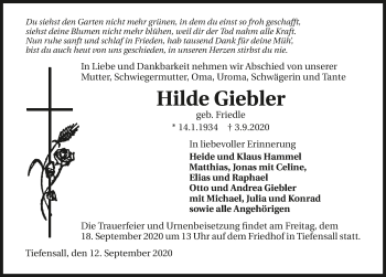 Traueranzeige von Hilde Giebler von GESAMT