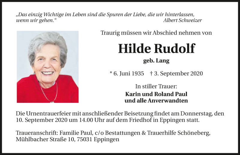  Traueranzeige für Hilde Rudolf vom 08.09.2020 aus GESAMT