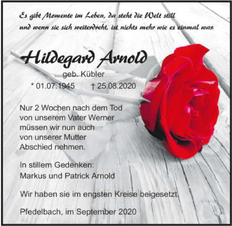  Traueranzeige für Hildegard Arnold vom 04.09.2020 aus GESAMT