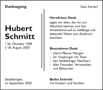 Traueranzeige von Hubert Schmitt von GESAMT