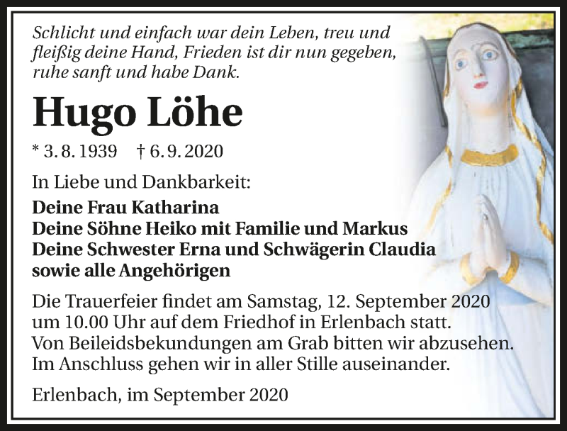  Traueranzeige für Hugo Löhe vom 10.09.2020 aus GESAMT
