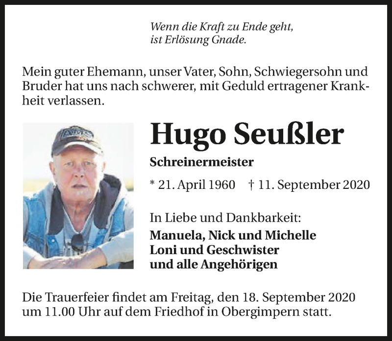  Traueranzeige für Hugo Seußler vom 16.09.2020 aus GESAMT