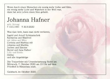 Traueranzeige von Johanna Hafner von GESAMT