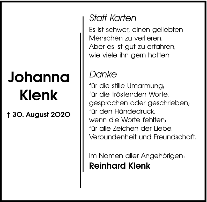  Traueranzeige für Johanna Klenk vom 26.09.2020 aus GESAMT