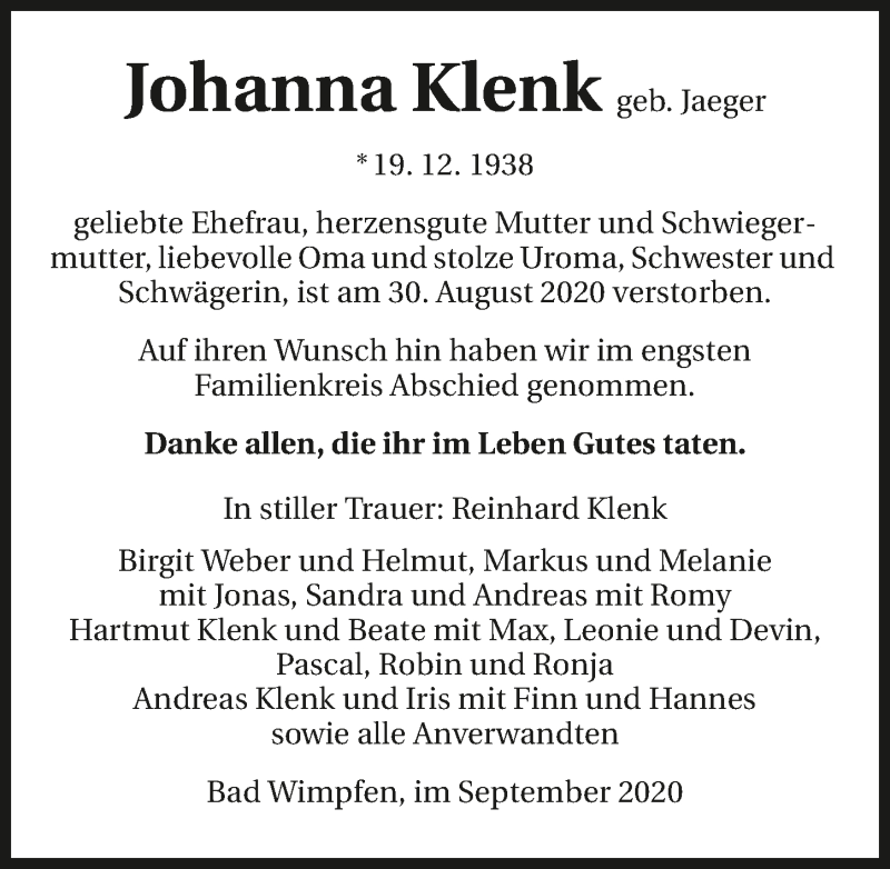 Traueranzeige für Johanna Klenk vom 12.09.2020 aus GESAMT