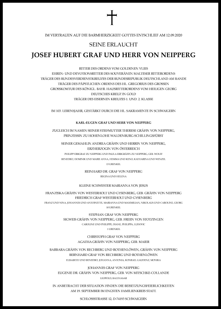  Traueranzeige für Josef Hubert Graf und Herr von Neipperg vom 18.09.2020 aus GESAMT