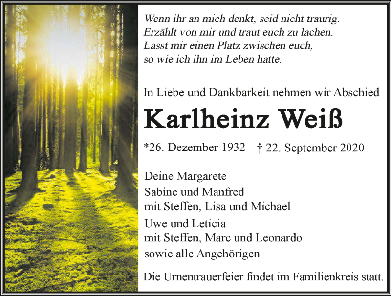  Traueranzeige für Karlheinz Weiß vom 26.09.2020 aus GESAMT