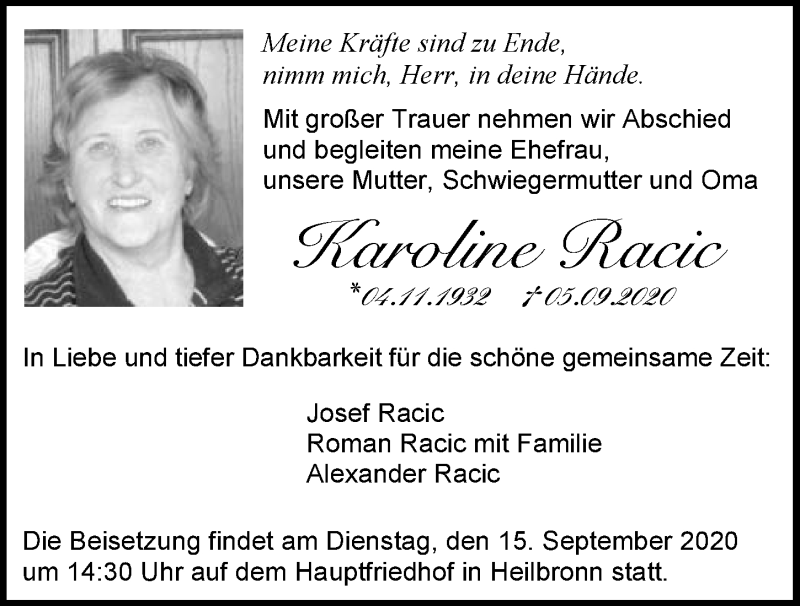  Traueranzeige für Karoline Racic vom 12.09.2020 aus GESAMT