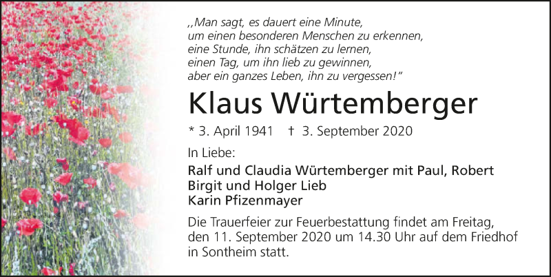  Traueranzeige für Klaus Würtemberger vom 05.09.2020 aus GESAMT