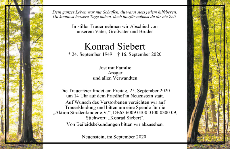  Traueranzeige für Konrad Siebert vom 19.09.2020 aus GESAMT