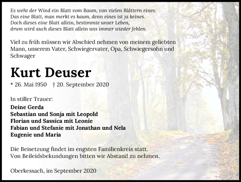  Traueranzeige für Kurt Deuser vom 24.09.2020 aus GESAMT