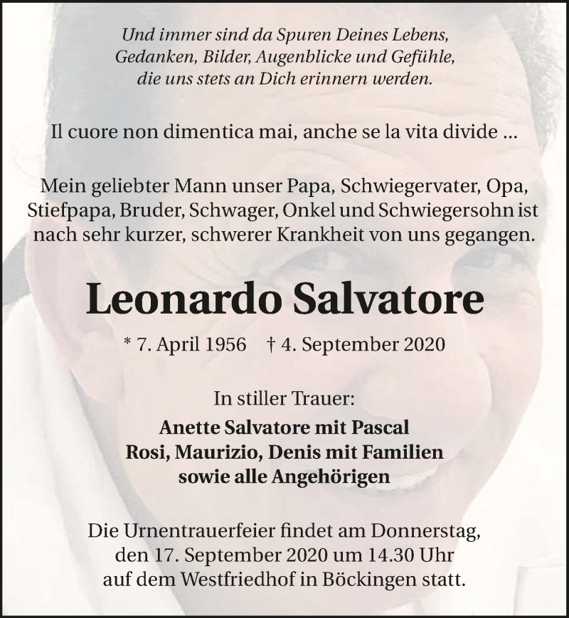  Traueranzeige für Leonardo Salvatore vom 12.09.2020 aus GESAMT