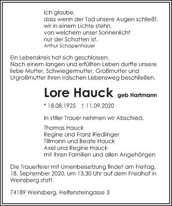 Traueranzeige von Lore Hauck von GESAMT