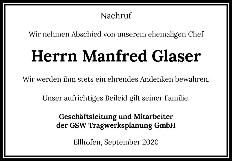  Traueranzeige für Manfred Glaser vom 07.09.2020 aus GESAMT
