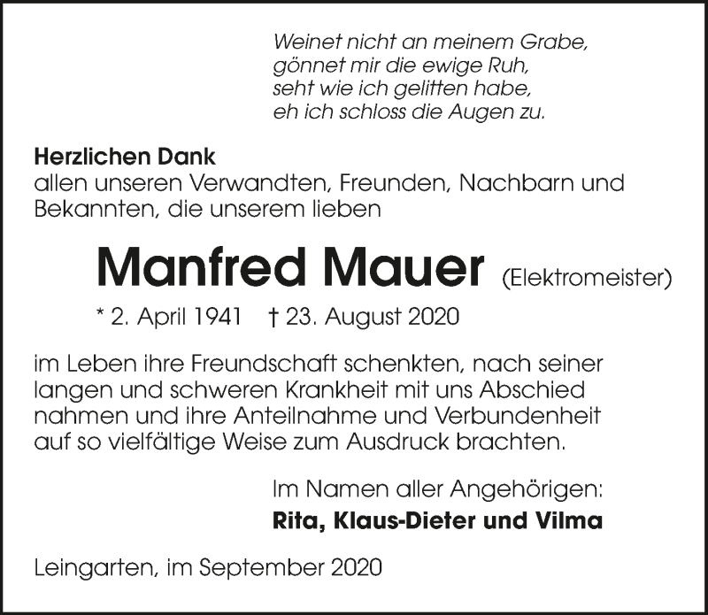  Traueranzeige für Manfred Mauer vom 05.09.2020 aus GESAMT