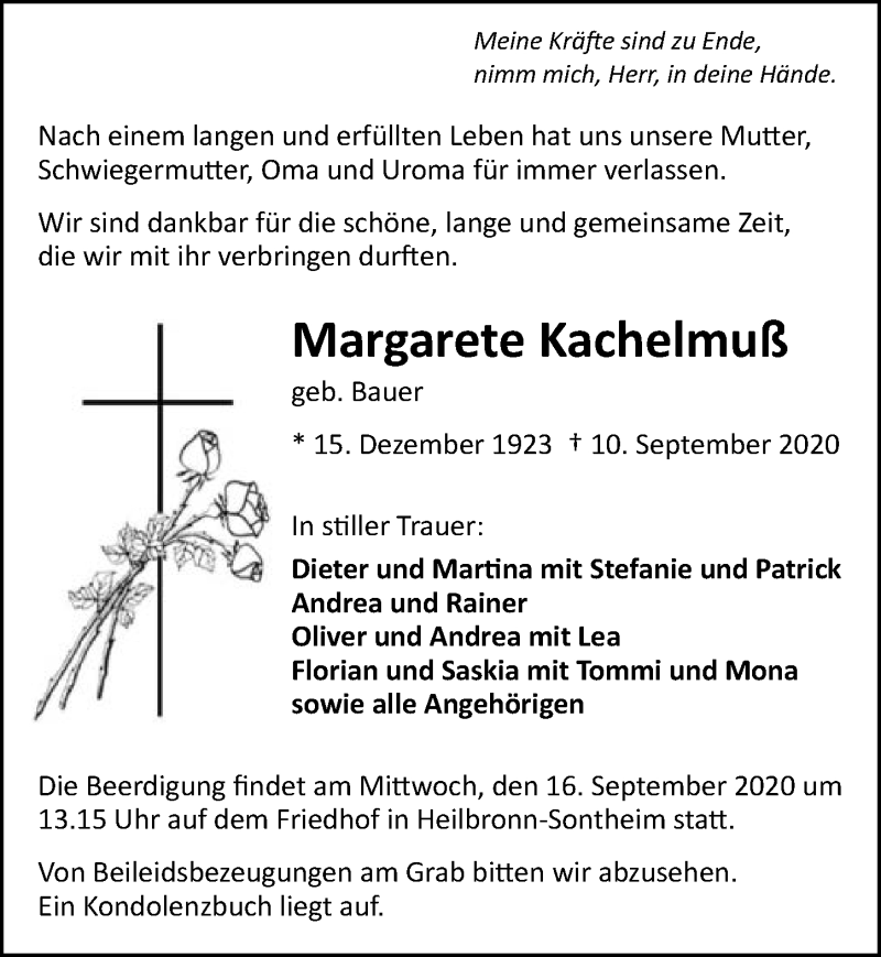  Traueranzeige für Margarete Kachelmuß vom 12.09.2020 aus GESAMT