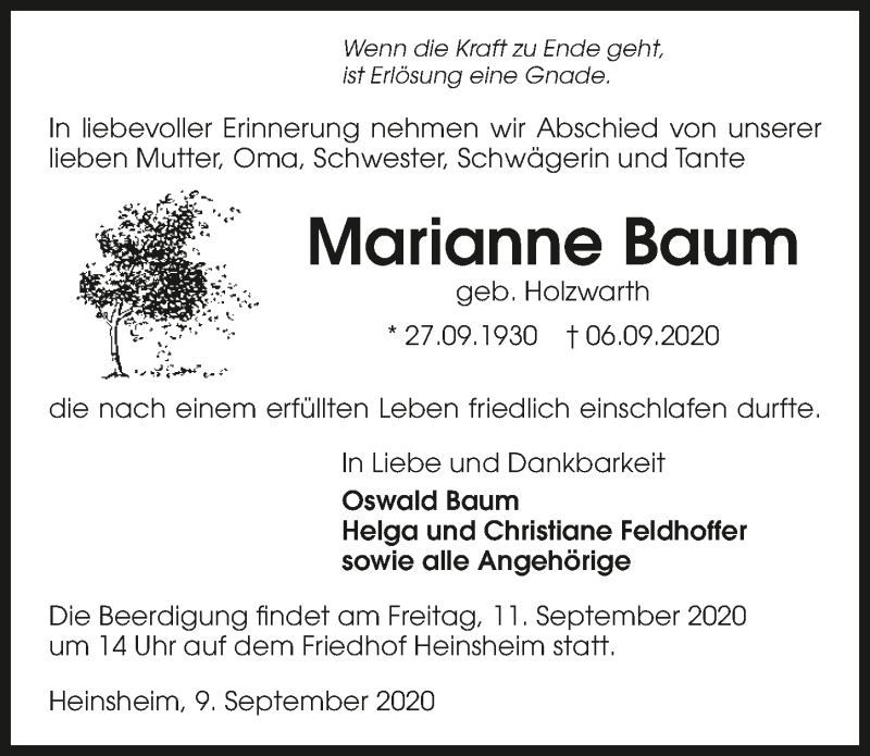  Traueranzeige für Marianne Baum vom 09.09.2020 aus GESAMT